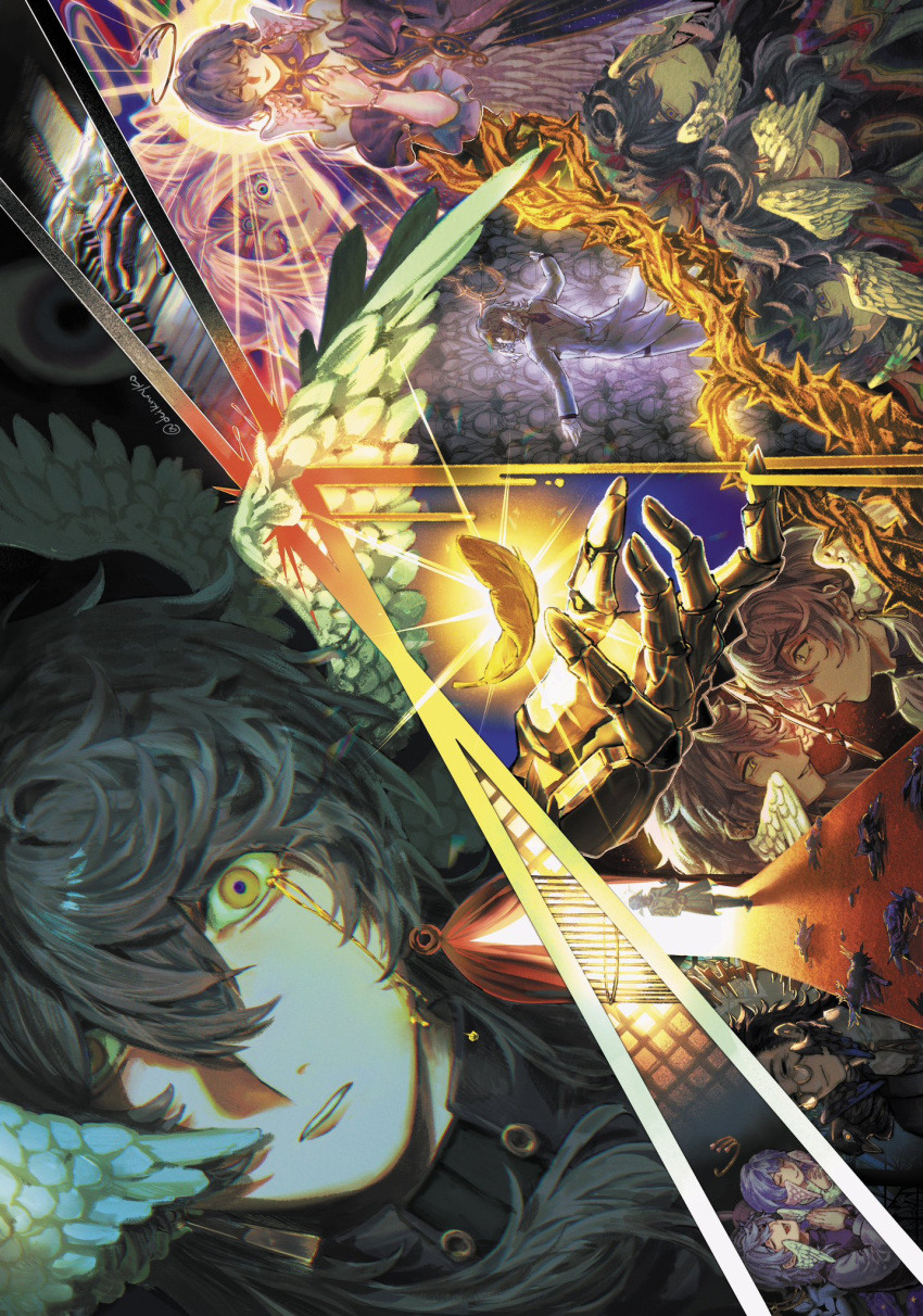 1boy, birdcage, blue_hair, cage, collar, earrings, feathers, gloves