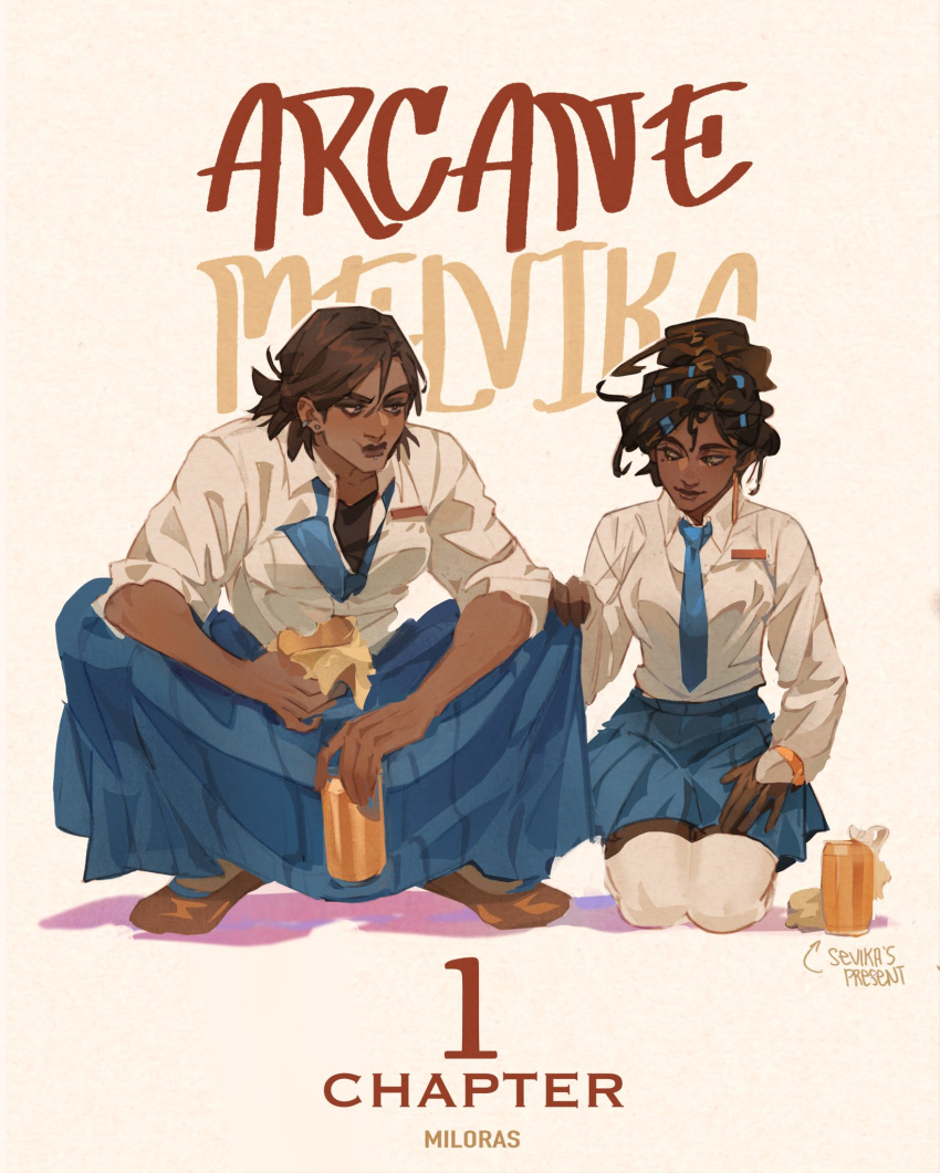 2girls, alternate_costume, alternate_hairstyle, alternate_universe, angrymiloras, arcane:_league_of_legends, can, closed_mouth