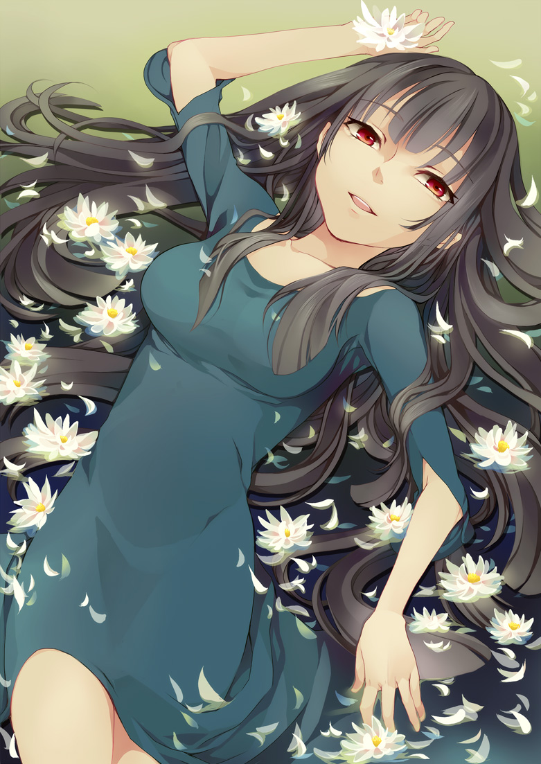 lying, mikuni_(mikunik), original, petals, red_eyes, solo