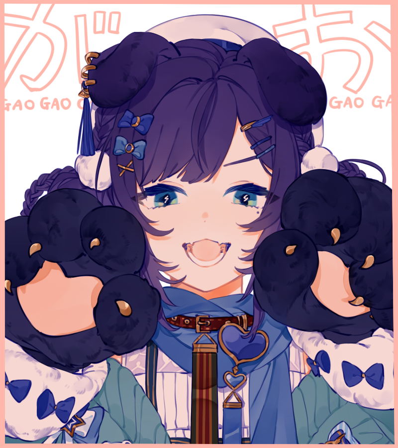 aiba_uiha, animal_ears, animal_hands, braid, choker, commentary_request, dog_ears, fang, gani_(tarabalove22), gloves, green_eyes, hair_ornament, hairpin, hat, heart, jewelry, mole, nijisanji, paw_gloves, purple_hair, ribbon, scarf, short_hair, twintails