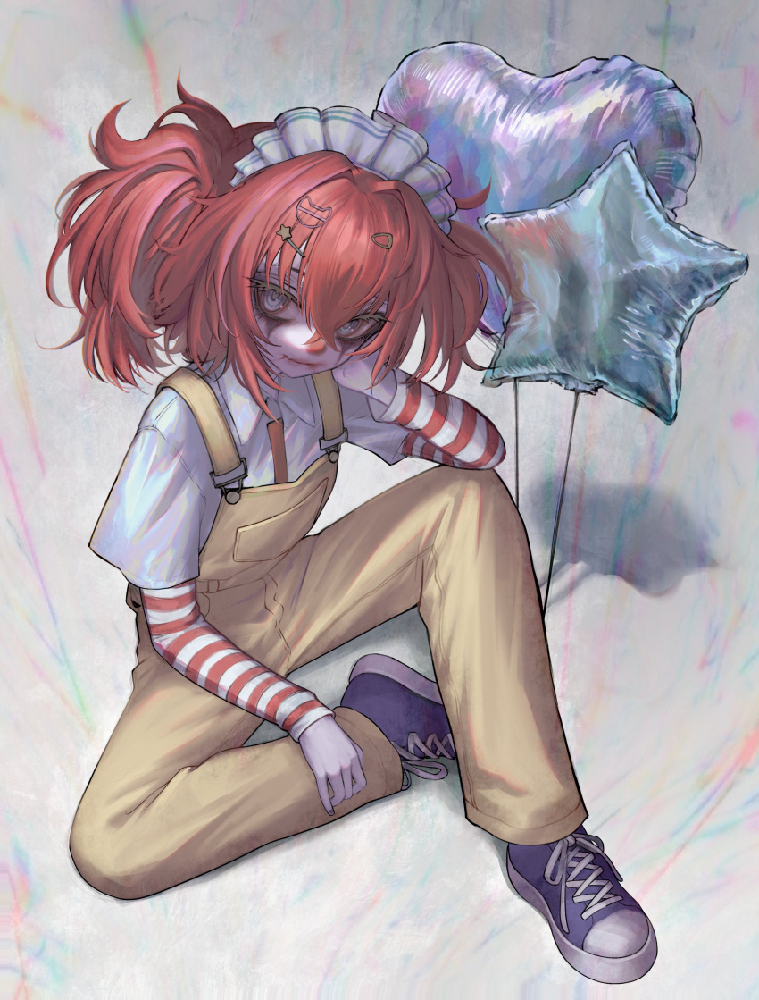 1girl, absurdres, balloon, blue_shoes, closed_mouth, clown_makeup, crossed_bangs, full_body