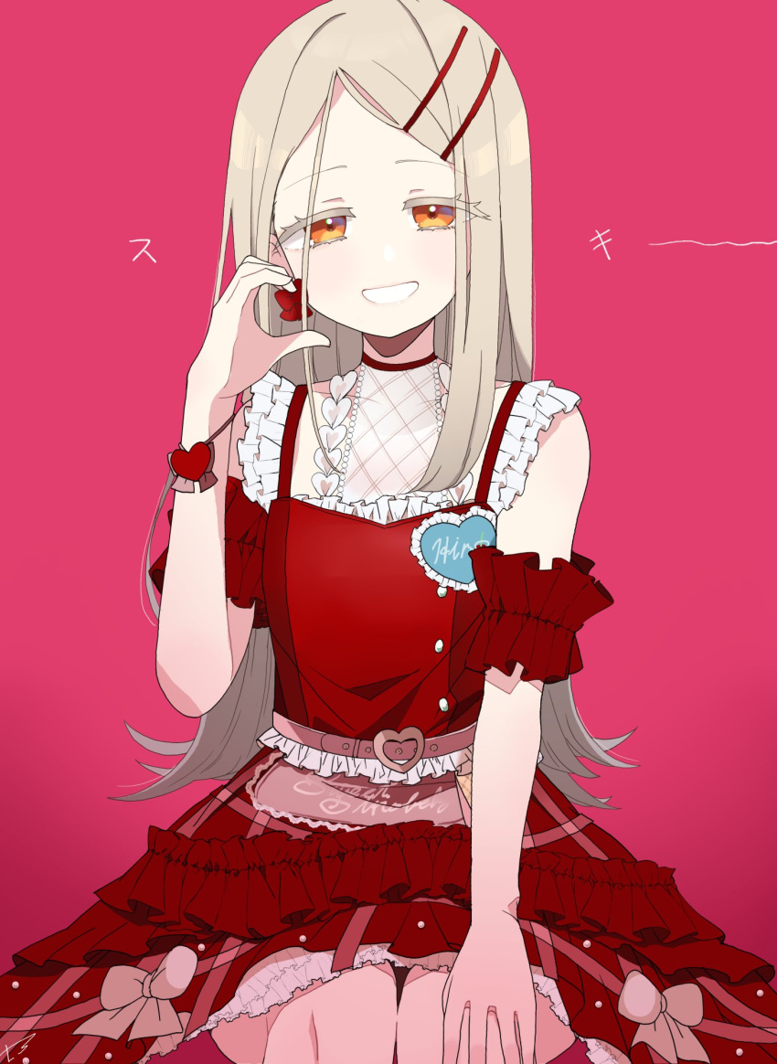 1girl, arm_strap, belt, blonde_hair, bow, bow_earrings, collarbone, colored_eyelashes