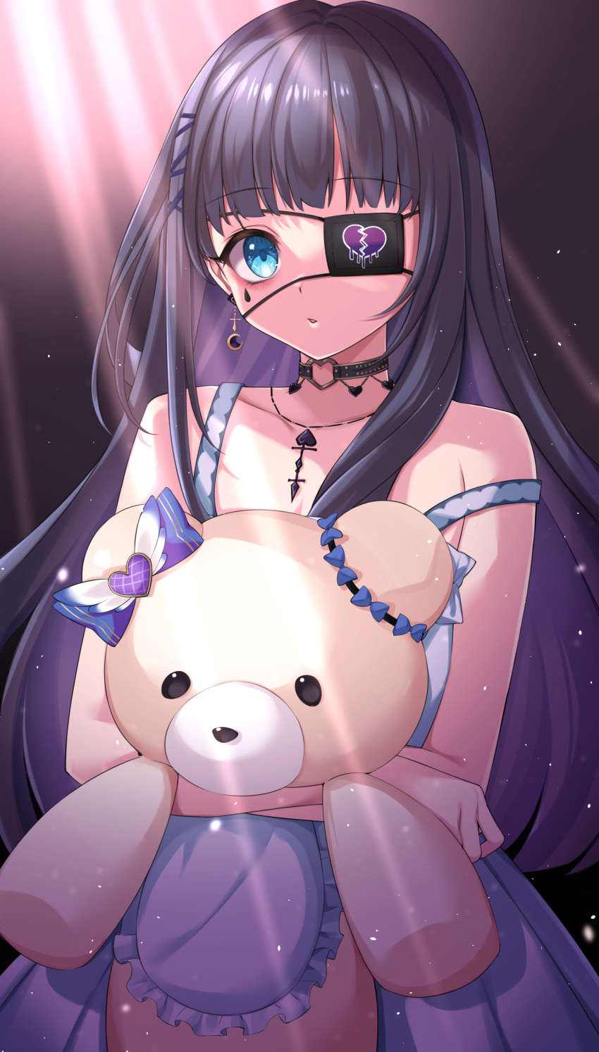 1girl, absurdres, aiba_uiha, bare_shoulders, blue_eyes, blush, collarbone, commentary