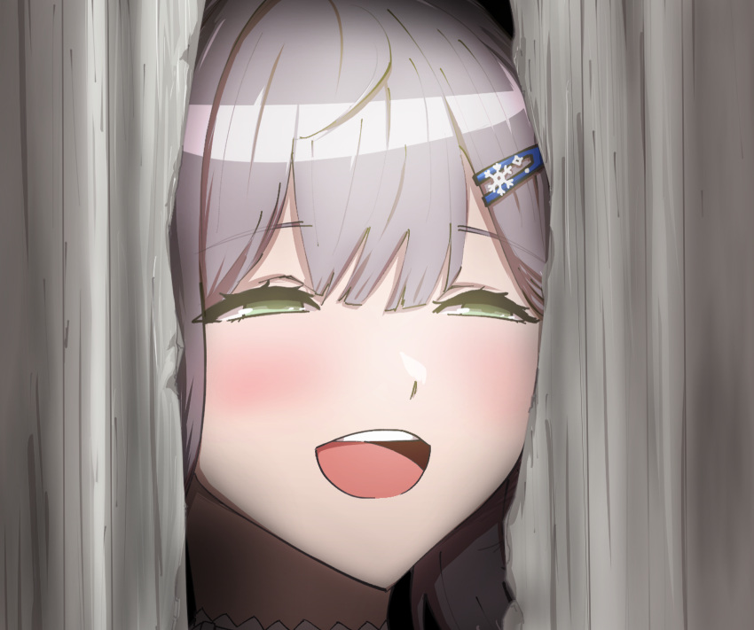 1girl, behind_curtains, blush, close-up, commentary, curtains, english_commentary, gillisk