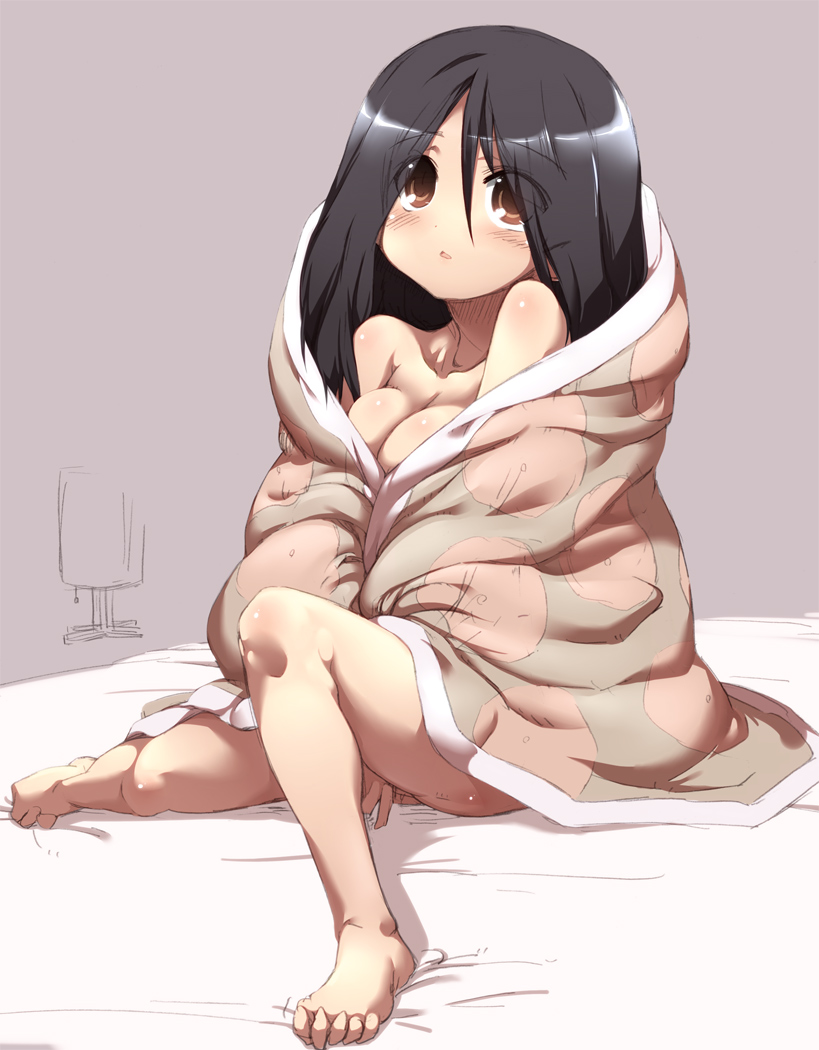 bare_shoulders, barefoot, black_hair, blanket, breasts, brown_eyes, cleavage, feet