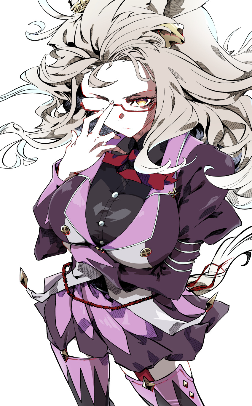 1girl, absurdres, animal_ears, biwa_hayahide_(pf._winning_equation...)_(umamusume), biwa_hayahide_(umamusume), black_shirt, boots, breasts