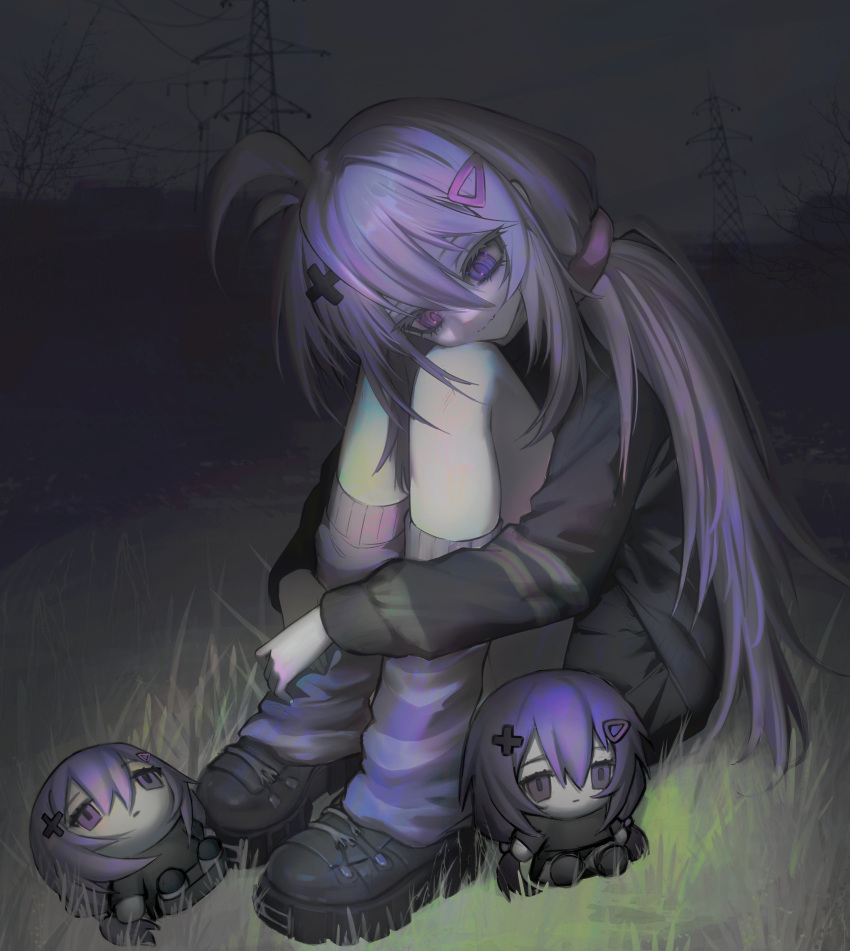 1girl, absurdres, antenna_hair, black_boots, black_shirt, boots, character_doll, closed_mouth