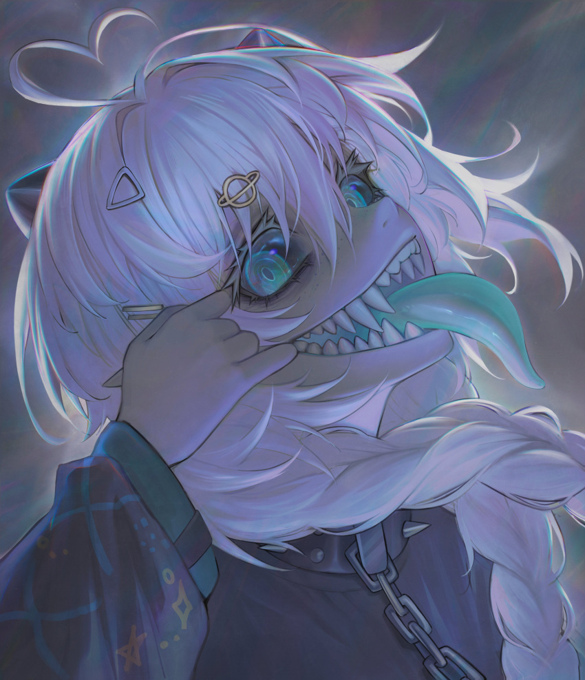 1girl, absurdres, ahoge, black_collar, black_sclera, black_shirt, blue_eyes, blue_tongue, braid, chain, chain_leash, collar, colored_sclera, colored_tongue, hair_between_eyes, hair_ornament, hairclip, heart, heart_ahoge, highres, leash, long_hair, long_sleeves, long_tongue, looking_at_viewer, mdm4, open_mouth, original, sharp_teeth, shirt, smile, solo, spiked_collar, spikes, teeth, tongue, tongue_out, twin_braids, upper_body, white_hair