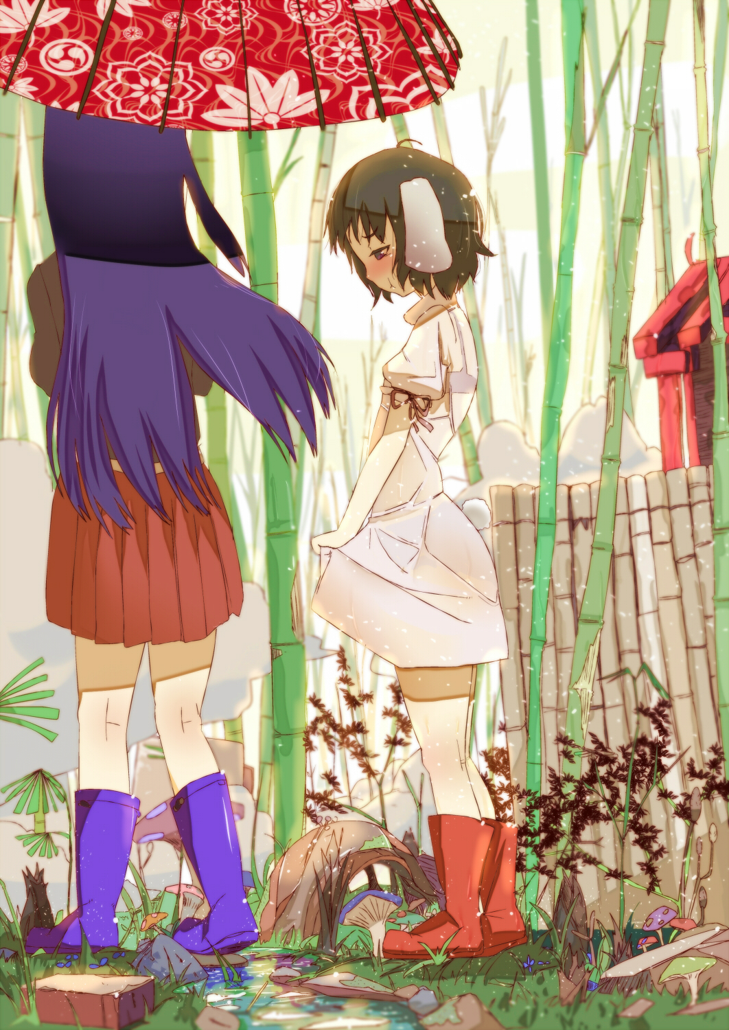 :t, animal_ears, bamboo, bamboo_forest, blush, boots, bra, bra_strap, bunny_ears, bunny_tail, forest, gozaemon, gyoza_emon, highres, inaba_tewi, kneepits, lingerie, long_hair, multiple_girls, mushroom, nature, pleated_skirt, pout, purple_hair, rain, reisen_udongein_inaba, rubber_boots, see-through, short_hair, skirt, tail, touhou, umbrella, underwear, wet, wet_clothes