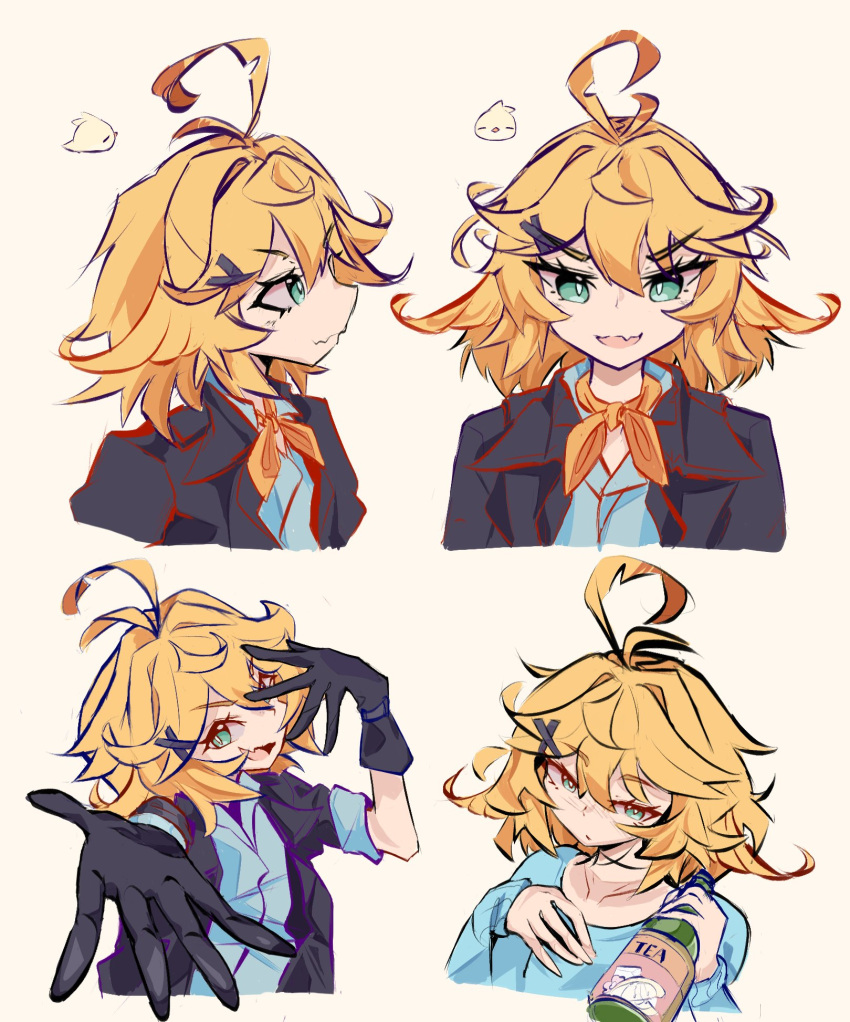 1girl, ahoge, black_gloves, black_jacket, blonde_hair, blue_shirt, bottle, bright_pupils, commentary, cropped_torso, dokibird, dokibird_(bounty_hunter), dragoon_(dokibird), english_commentary, fang, feather_hair, gloves, green_eyes, hair_between_eyes, hair_ornament, highres, holding, holding_bottle, indie_virtual_youtuber, jacket, looking_at_viewer, multiple_views, open_clothes, open_jacket, open_mouth, outstretched_arm, reaching, reaching_towards_viewer, shirt, short_hair, simple_background, skin_fang, sleeves_rolled_up, smile, troubleshooter_bun, v-shaped_eyebrows, virtual_youtuber, white_background, white_pupils, x_hair_ornament