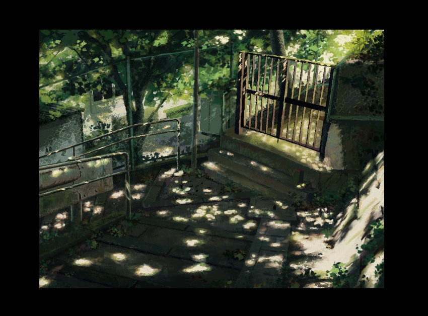 awoi_(awoiro7), bench, chain-link_fence, concrete, dappled_sunlight, fence, green_theme, hut, iron_fence, no_humans, original, railing, scenery, shadow, stairs, sunlight, tree