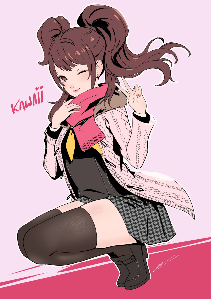 1girl, black_thighhighs, brown_eyes, brown_hair, eightyfourart, highres, houndstooth, kujikawa_rise