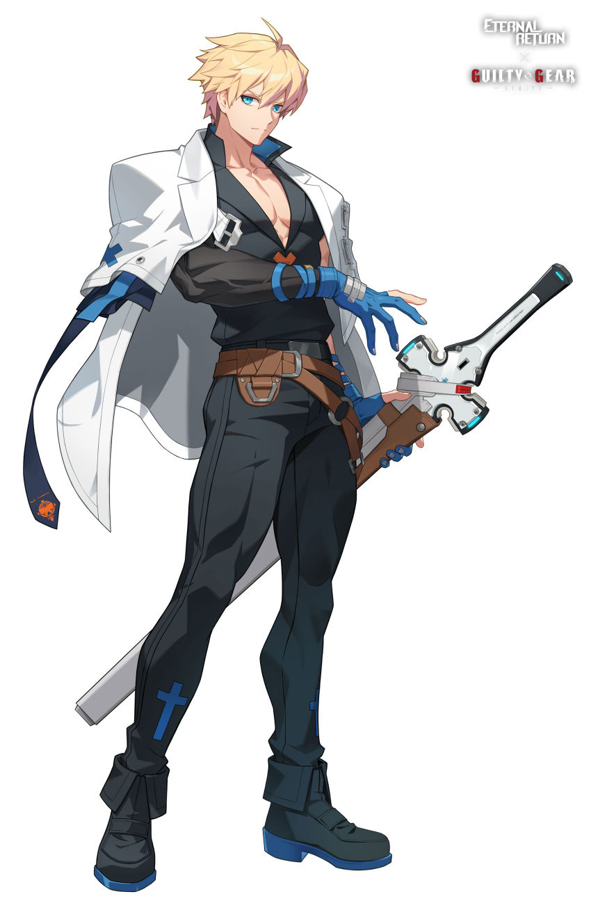 1boy, absurdres, aiden_(black_survival), aiden_(ky_aiden)_(black_survival), black_boots, black_pants, black_shirt, black_survival, blonde_hair, blue_boots, blue_eyes, blue_gloves, boots, closed_mouth, collared_shirt, commentary_request, copyright_name, cross, cross_print, ddollydonut, eternal_return:_black_survival, full_body, gloves, guilty_gear, guilty_gear_strive, highres, jacket, jacket_on_shoulders, korean_commentary, long_sleeves, looking_at_viewer, multicolored_boots, official_alternate_costume, official_art, open_clothes, open_shirt, pants, partially_fingerless_gloves, partially_open_shirt, scabbard, sheath, shirt, simple_background, solo, standing, tachi-e, two-tone_boots, white_background, white_jacket