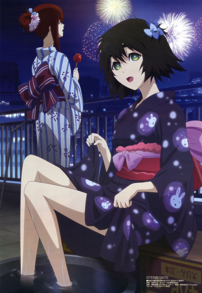 absurdres, aerial_fireworks, black_hair, brown_hair, candy_apple, feet_in_water, fireworks, green_eyes