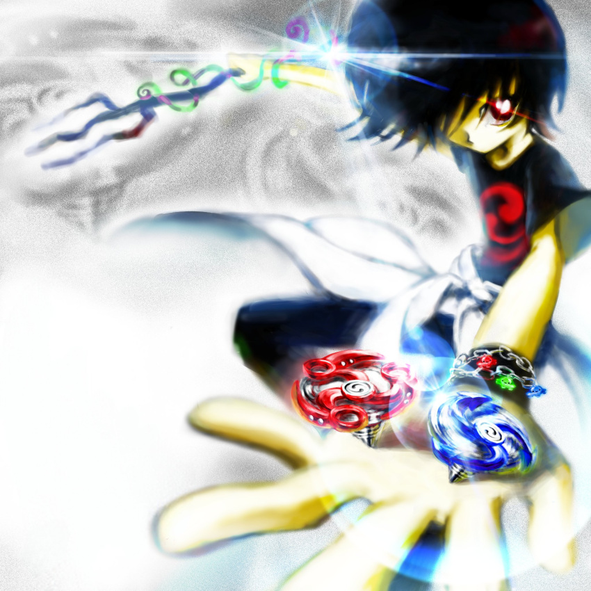 1girl, acid_graphics, armband, beyblade, black_dress, black_eyes, black_hair, black_thighhighs