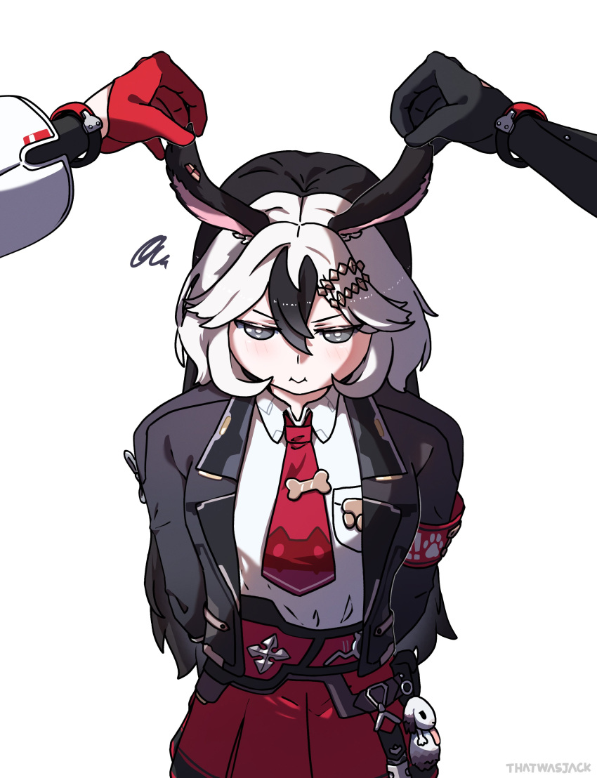 absurdres, animal_ears, annoyed, arms_behind_back, black_hair, black_jacket, commentary, coralie_6626_planck