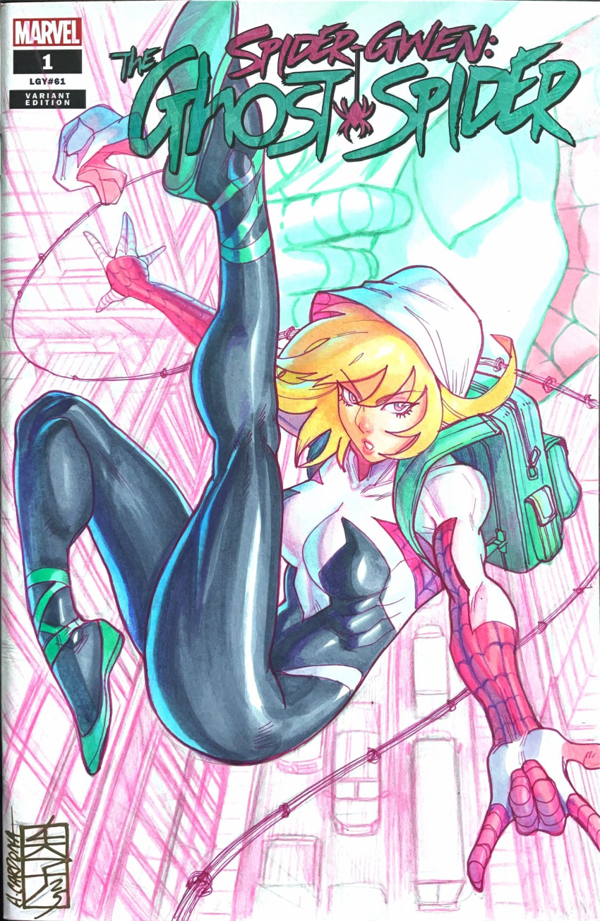 1girl, acecore2k, backpack, bag, ballet_slippers, black_bodysuit, blonde_hair, bodysuit