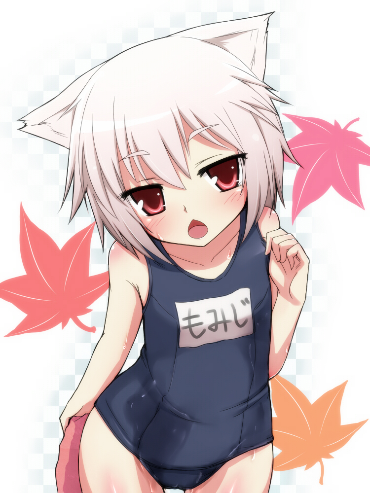 adjusting_swimsuit, animal_ears, blush, inubashiri_momiji, leaf, maple_leaf, negija, one-piece_swimsuit