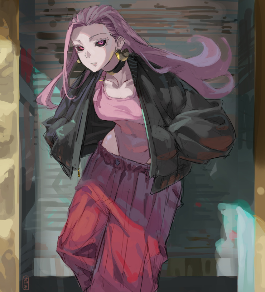 1girl, absurdres, against_wall, bare_hips, black_jacket, black_sclera, choker, colored_sclera, earrings, hands_in_pockets, highres, jacket, jewelry, jujutsu_kaisen, kakapyramid, leaning_forward, leotard, looking_at_viewer, pants, pink_eyes, pink_hair, pink_leotard, red_pants, solo, uro_takako