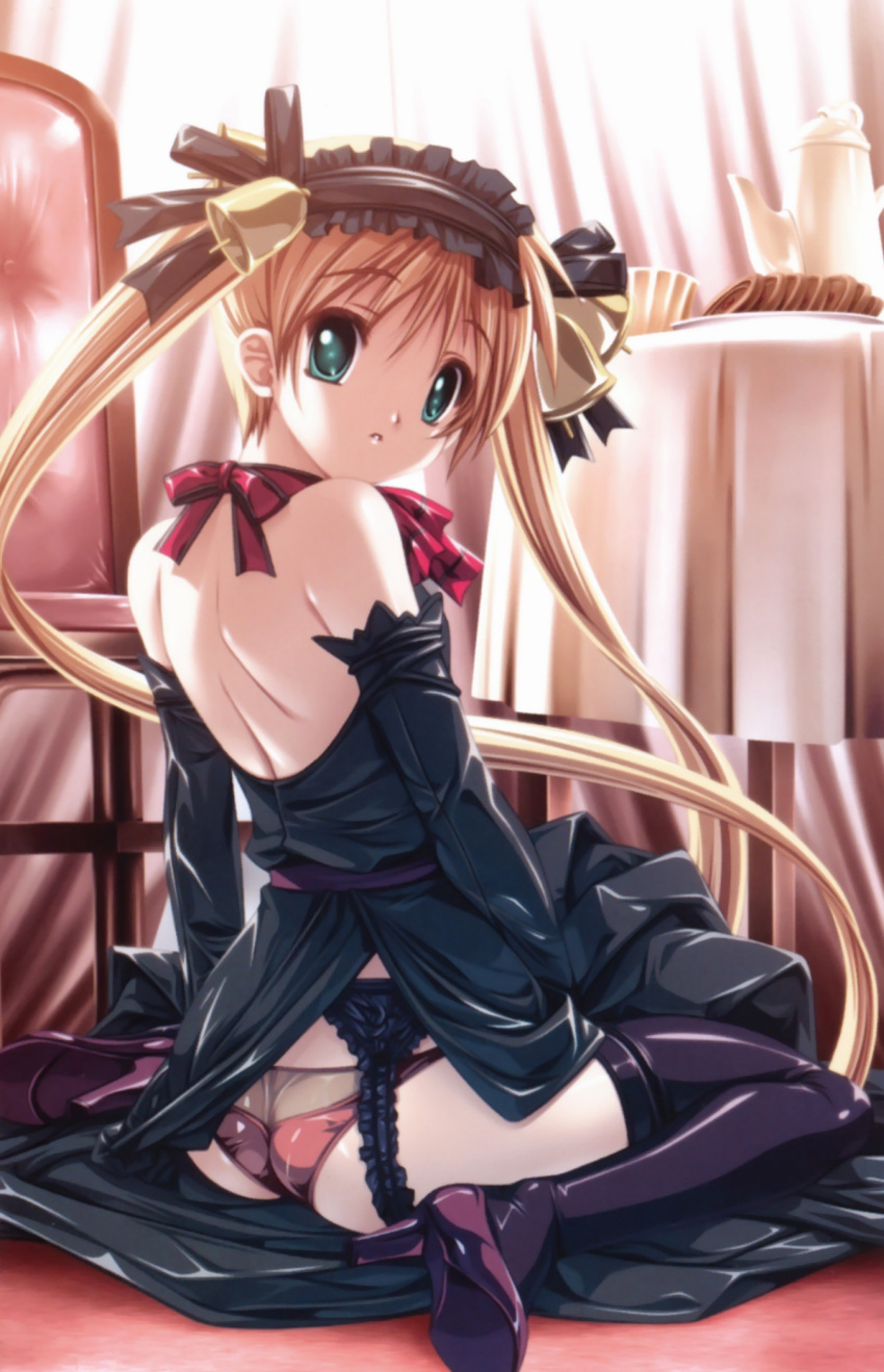 aqua_eyes, bare_back, blonde_hair, chair, cookie, food, garter_belt, high_heels