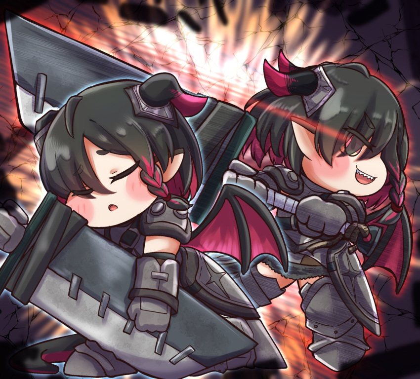 1girl, armor, armored_boots, black_hair, black_horns, black_tail, black_wings, boots