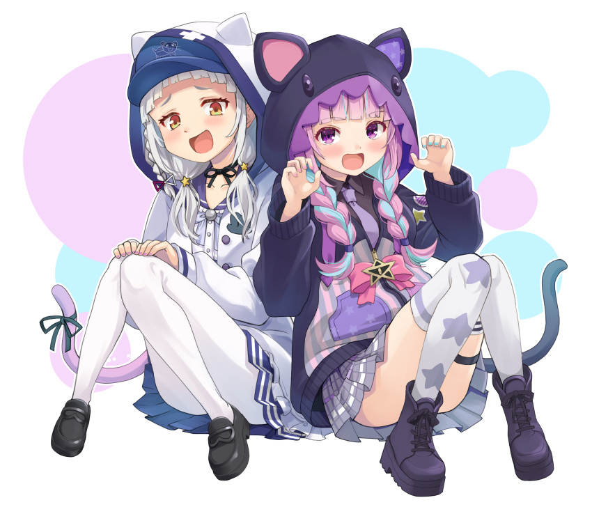2girls, :d, animal_ears, animal_hood, ankle_boots, arched_bangs, asymmetrical_legwear, baseball_cap