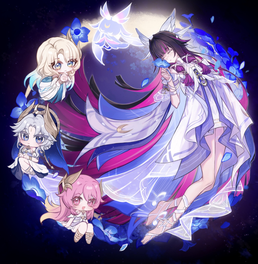 4girls, :d, ahe63011, aria_(genshin_impact), arm_ribbon, barefoot, black_hair, blonde_hair
