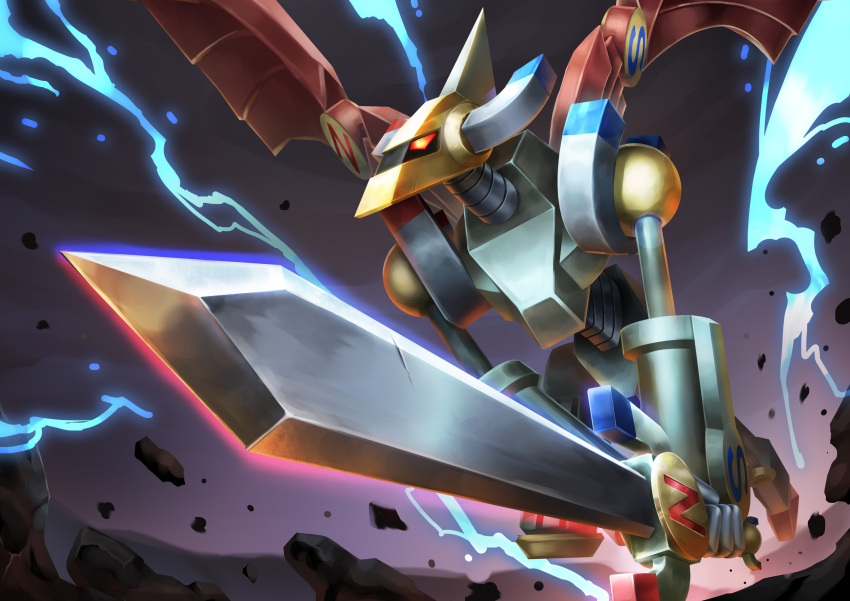 1boy, absurdres, armor, commentary, debris, duel_monster, electricity, glowing, glowing_eyes, glowing_weapon, highres, holding, holding_sword, holding_weapon, horns, joints, magnet, matsumoto_(ma_tsuya), metal_skin, metal_wings, no_humans, no_mouth, no_pupils, orange_eyes, robot, robot_joints, rock, shoulder_armor, solo, sword, valkyrion_the_magna_warrior, weapon, wings, yu-gi-oh!