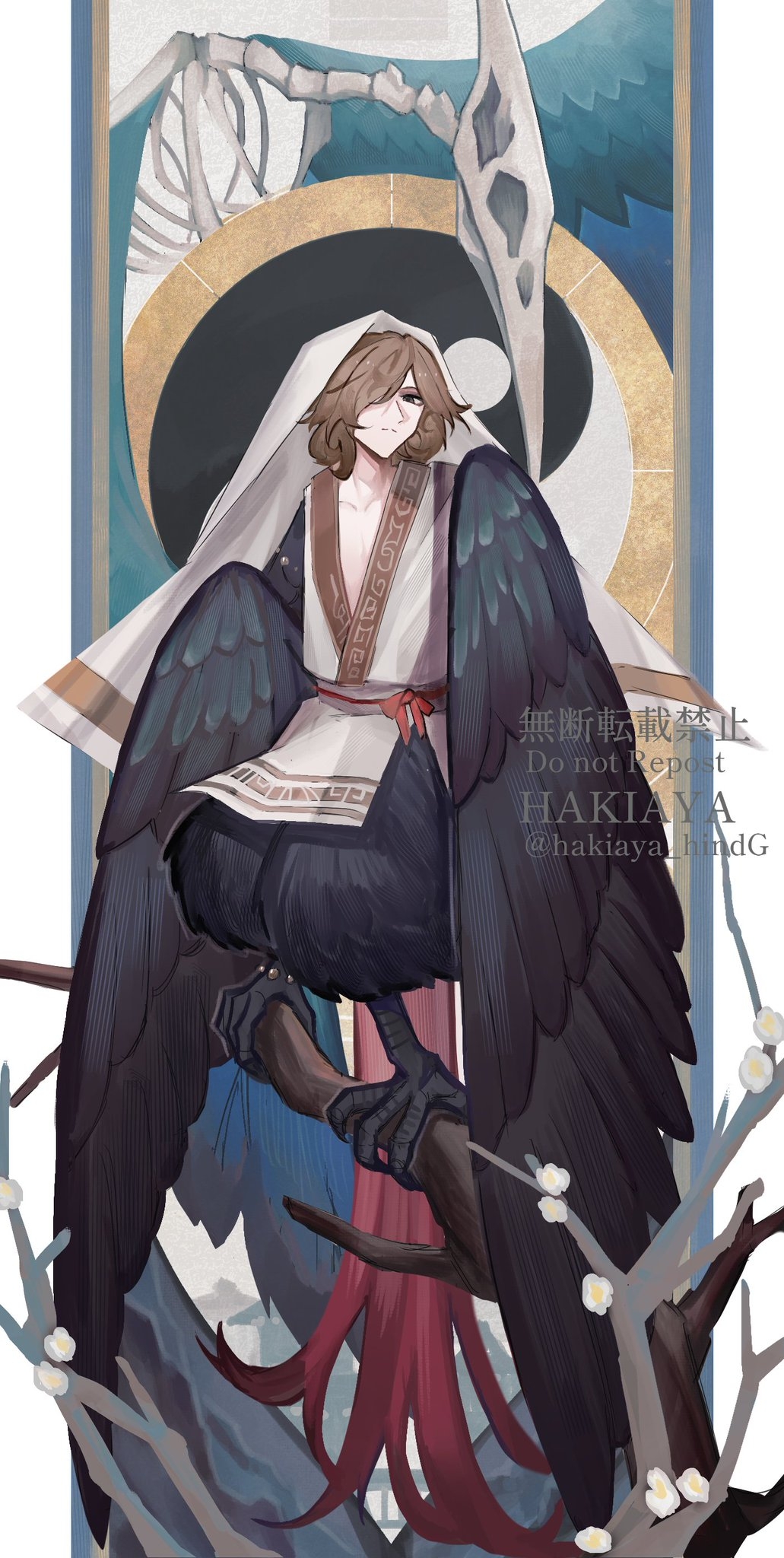 1boy, bird_legs, bird_skeleton, bird_wings, black_wings, brown_hair, chinese_clothes, flower, full_body, getian_(reverse:1999), hair_over_one_eye, hanfu, harpy_boy, headscarf, highres, looking_at_viewer, male_focus, monster_boy, on_branch, one_eye_covered, reverse:1999, senjunamako_(hakiaya), short_hair, solo, watermark, white_flower, white_hanfu, white_headscarf, winged_arms, wings