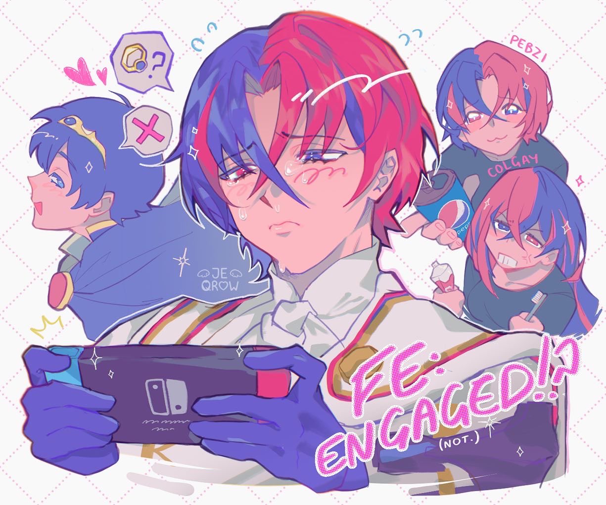 1girl, 2boys, blue_eyes, blue_hair, breasts, can, colgate, commentary