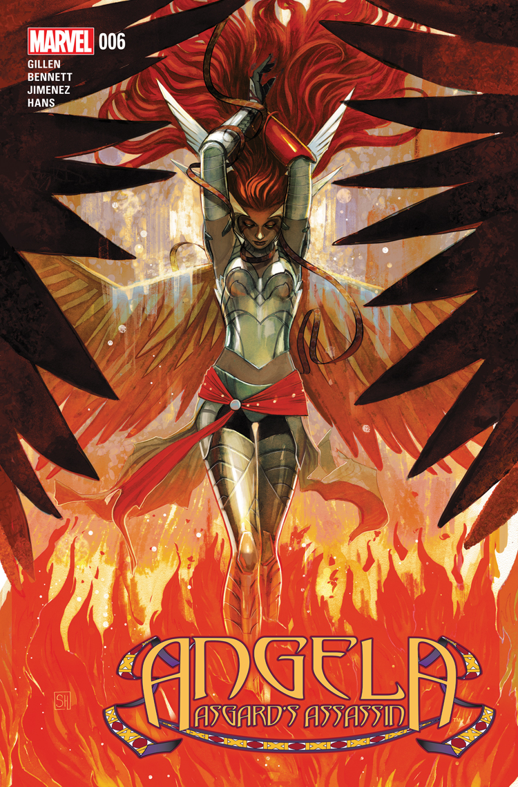1girl, angela_(marvel), armor, arms_up, artist_name, black_gloves, breastplate, character_name