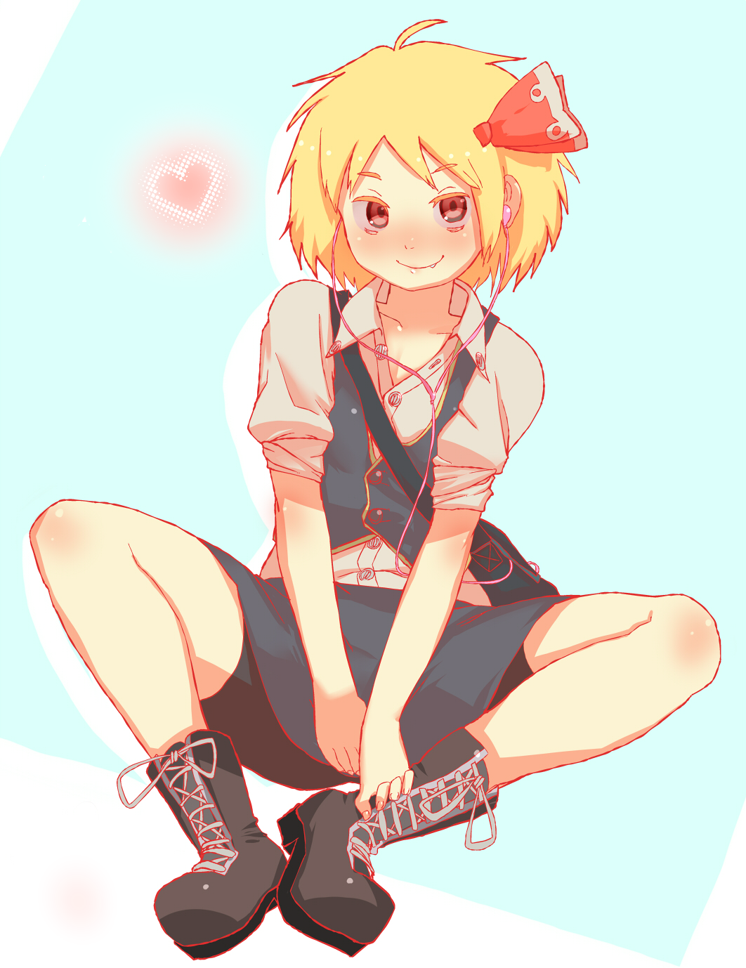 ahoge, bag, blonde_hair, blush, boots, butterfly_sitting, cross-laced_footwear, dress_shirt