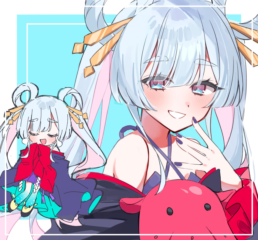 1girl, bare_shoulders, blue_background, blue_eyes, border, chibi, chibi_inset, chou_kaguya-hime!, closed_eyes, hair_ornament, hair_rings, hair_stick, hand_up, hashtag-only_commentary, highres, japanese_clothes, kimono, long_hair, long_sleeves, looking_at_viewer, nail_polish, octopus, off_shoulder, ooo00_cha, open_mouth, purple_kimono, purple_nails, runami_yachiyo, smile, twintails, white_border, white_hair