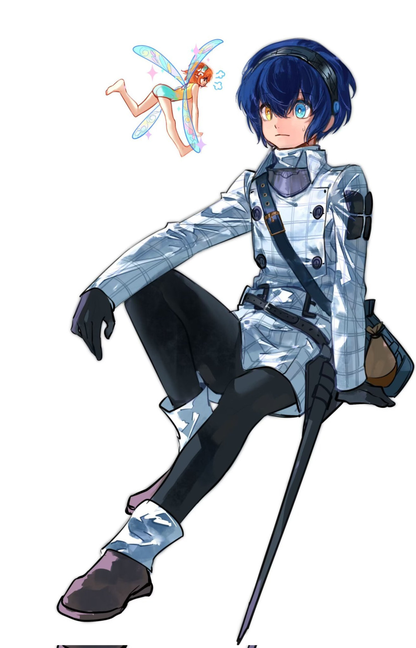 1boy, 1girl, anger_vein, barefoot, black_gloves, black_hairband, black_pants, blue_eyes