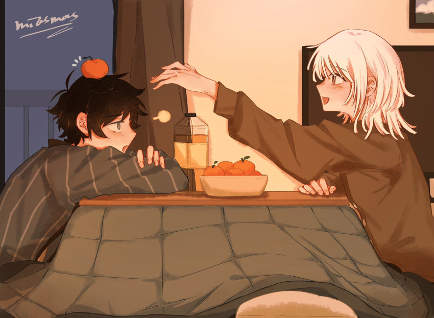 2boys, :d, akinashi_haru, black_hair, blue_shirt, blush, bottle, brown_shirt, commentary_request, food, food_on_head, from_side, fruit, happy, highres, indoors, juice, kotatsu, male_focus, mandarin_orange, miasmas70, multiple_boys, object_on_head, saihate_eki, shirt, short_hair, smile, table, tatsunami_shion, television, white_hair