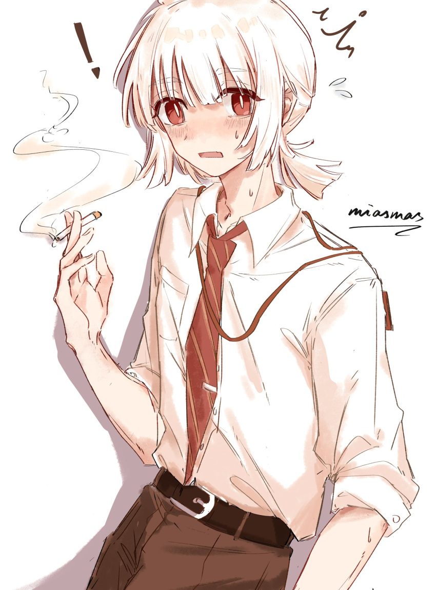 1boy, belt, black_belt, blush, brown_pants, cigarette, collared_shirt, commentary_request