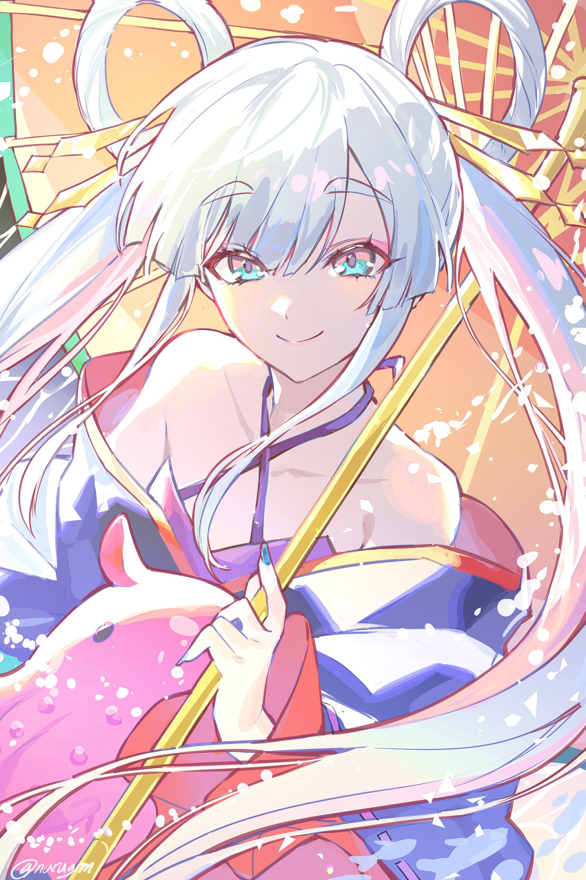 1girl, absurdres, bare_shoulders, blue_eyes, blue_kimono, blue_nails, chou_kaguya-hime!, closed_mouth, hair_ornament, hair_rings, hair_stick, hashtag-only_commentary, highres, holding, holding_umbrella, japanese_clothes, kimono, long_hair, looking_at_viewer, nail_polish, narugrm, octopus, oil-paper_umbrella, runami_yachiyo, smile, solo, twintails, umbrella, upper_body, white_hair
