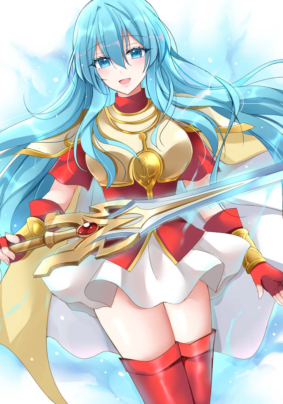 1girl, :d, aqua_eyes, aqua_hair, armor, blue_aura, blue_eyes, blue_hair