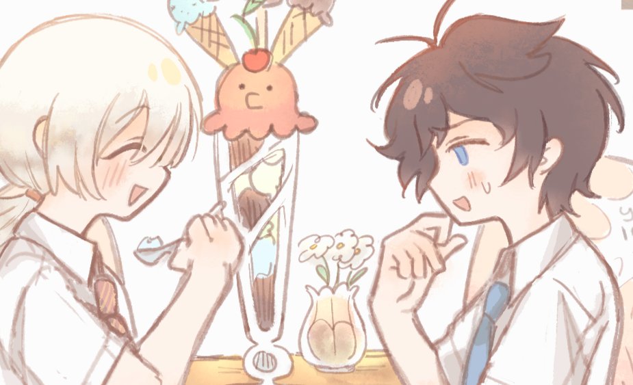 2boys, :d, akinashi_haru, black_hair, blue_necktie, blush, bouquet, collared_shirt