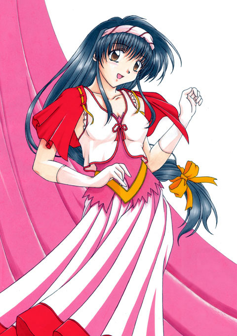1girl, black_hair, bow, brown_eyes, commentary, cowboy_shot, curtains, gloves, hair_bow, hairband, hand_up, head_tilt, long_hair, looking_at_viewer, low-tied_long_hair, open_mouth, orange_bow, pink_gloves, pink_hairband, pink_shirt, pink_skirt, pink_theme, sheela_sheffield, shirt, sidelocks, skirt, sleeveless, sleeveless_shirt, smile, solo, standing, very_long_hair, white_shirt, yuuki_shino, yuukyuu_gensoukyoku