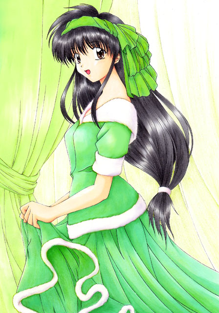 1girl, black_hair, brown_eyes, commentary, cowboy_shot, curtains, from_side, fur-trimmed_shirt, fur-trimmed_skirt, fur_trim, green_hairband, green_shirt, green_skirt, green_theme, hairband, long_hair, looking_at_viewer, looking_to_the_side, low-tied_long_hair, open_mouth, sheela_sheffield, shirt, sidelocks, skirt, skirt_hold, smile, solo, standing, very_long_hair, yuuki_shino, yuukyuu_gensoukyoku