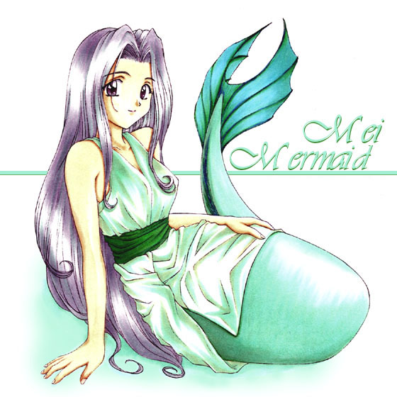 1girl, bare_arms, brown_eyes, character_name, closed_mouth, curtained_hair, dress, full_body, green_sash, hayami_mei_(yuuki_shino), long_hair, mermaid, monster_girl, original, purple_hair, sash, sitting, sleeveless, sleeveless_dress, smile, solo, very_long_hair, white_background, white_dress, yuuki_shino