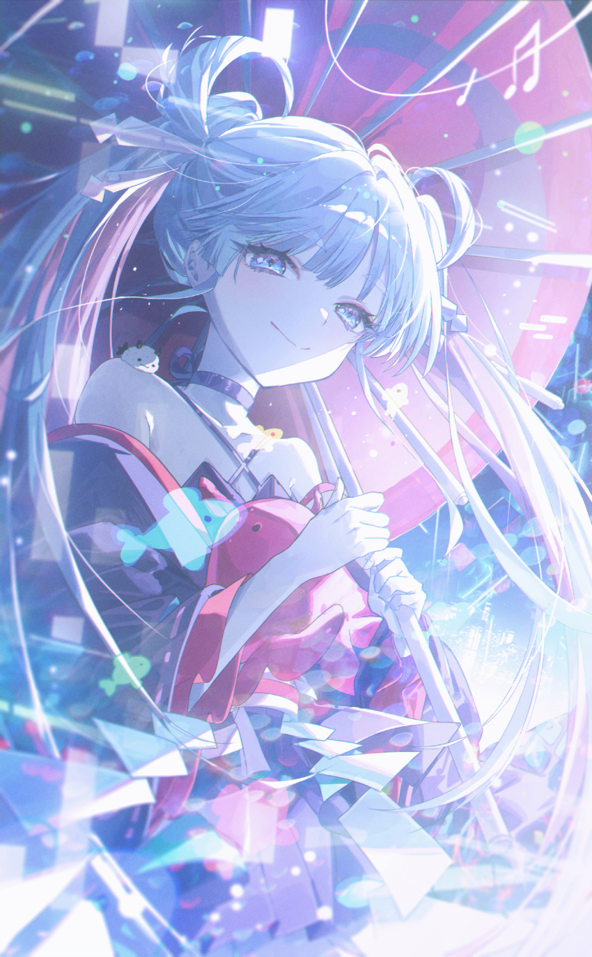 1girl, absurdres, bare_shoulders, black_choker, black_kimono, blue_eyes, choker, chou_kaguya-hime!, closed_mouth, commentary_request, fushi_(chou_kaguya-hime!), hair_ornament, hair_rings, hair_stick, highres, holding, holding_umbrella, japanese_clothes, kimono, light_particles, long_hair, long_sleeves, looking_at_viewer, musical_note, octopus, oil-paper_umbrella, red_umbrella, runami_yachiyo, smile, solo, tto_dya, twintails, umbrella, upper_body, white_hair