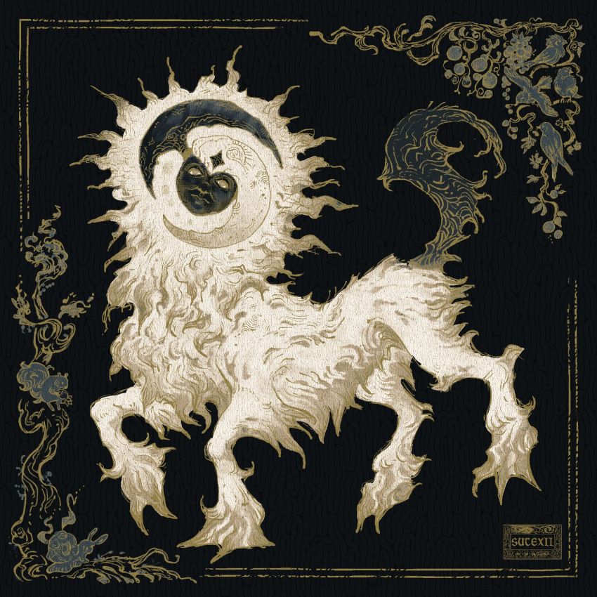 absol, black_background, border, commentary, english_commentary, highres, looking_at_viewer, no_humans, ornate_border, pokemon, pokemon_(creature), pokemon_focus, simple_background, sutexii, tail, white_fur