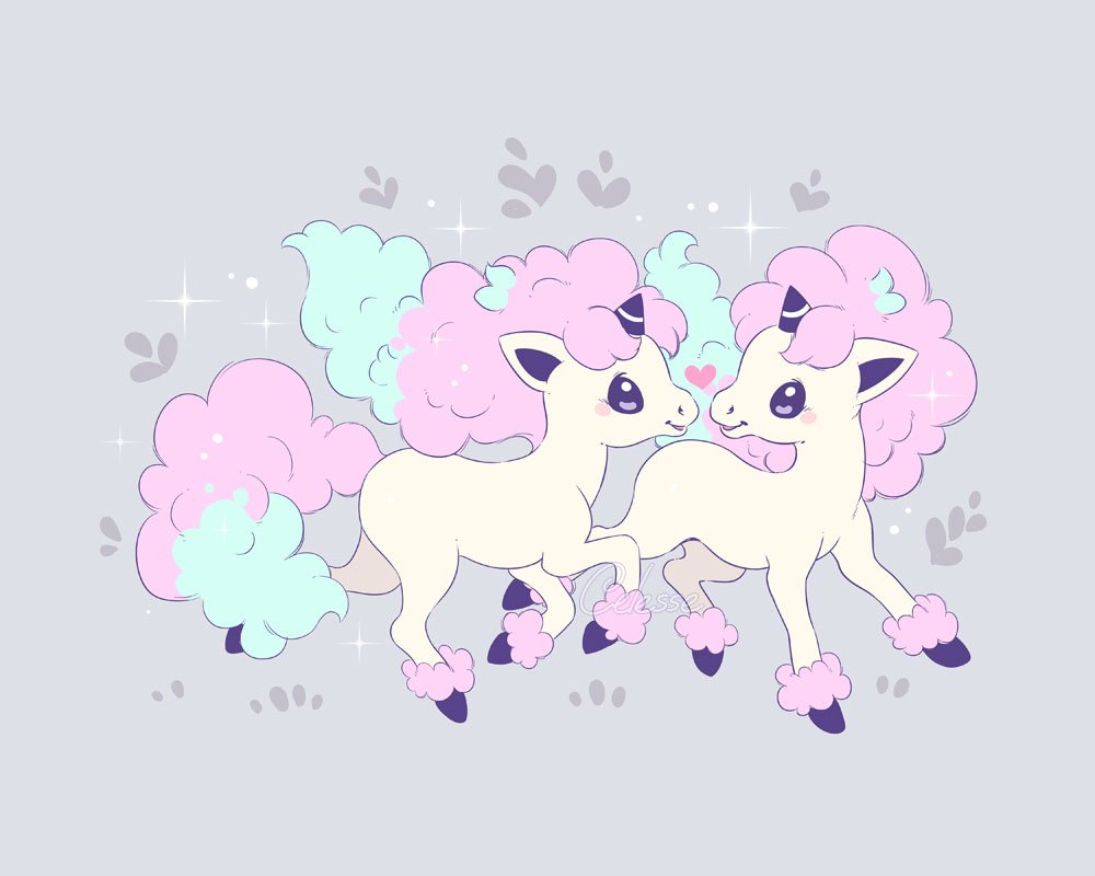 aqua_hair, blush, blush_stickers, commentary, english_commentary, galarian_ponyta, horns, multicolored_hair