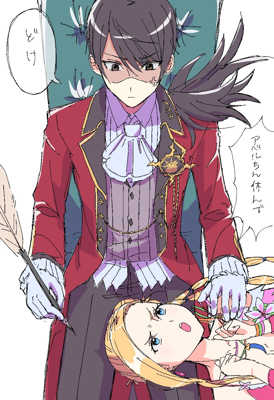 1boy, 1girl, anger_vein, angry, ascot, black_hair, blonde_hair, blue_eyes