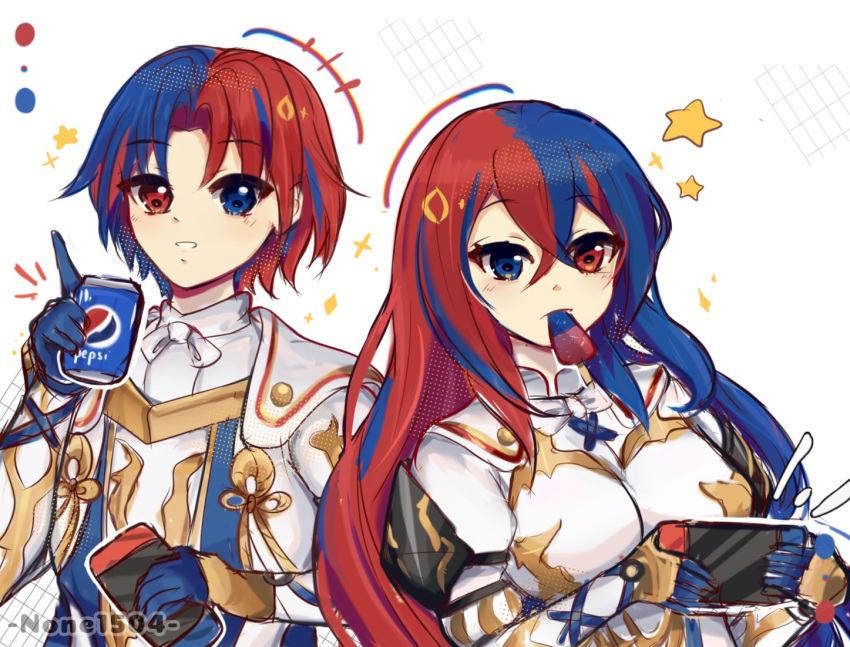 1boy, 1girl, blue_eyes, blue_hair, breasts, can, commentary, crossed_bangs