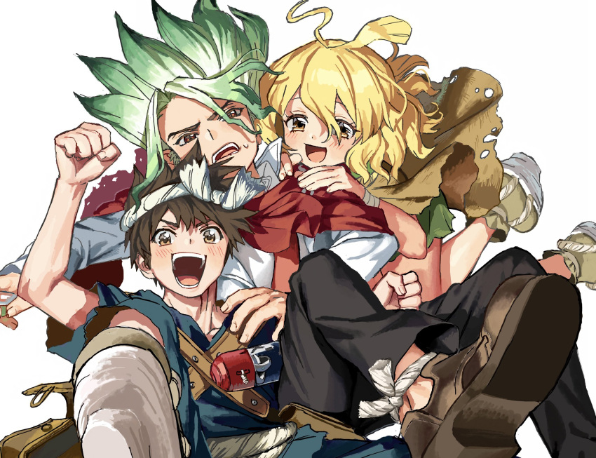 1girl, 2boys, :d, ahoge, bag, beard, blonde_hair, blush