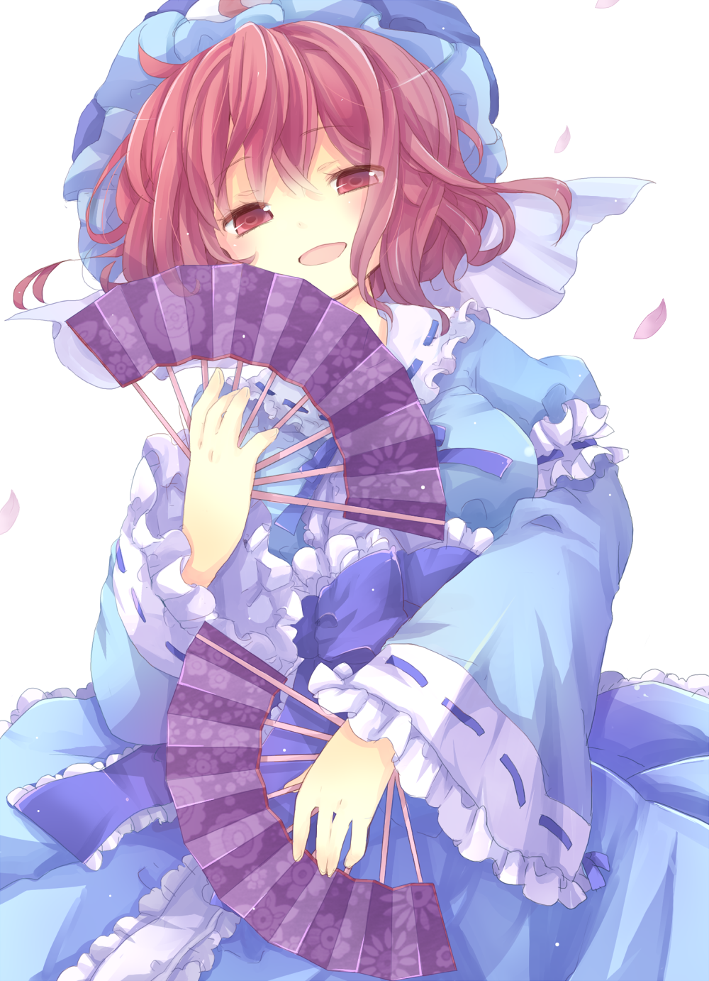 bad_id, blue_dress, cherry_blossoms, colored, cranio, dress, dual_wielding, fan, hat, highres, open_mouth, pink_eyes, pink_hair, s_t_s_(santoushin), saigyouji_yuyuko, santoushin, short_hair, solo, touhou