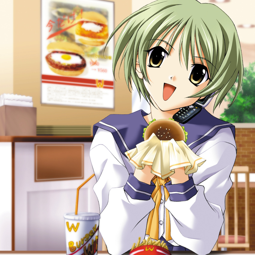 bow, bowtie, burger, fast_food, food, french_fries, green_hair, highres